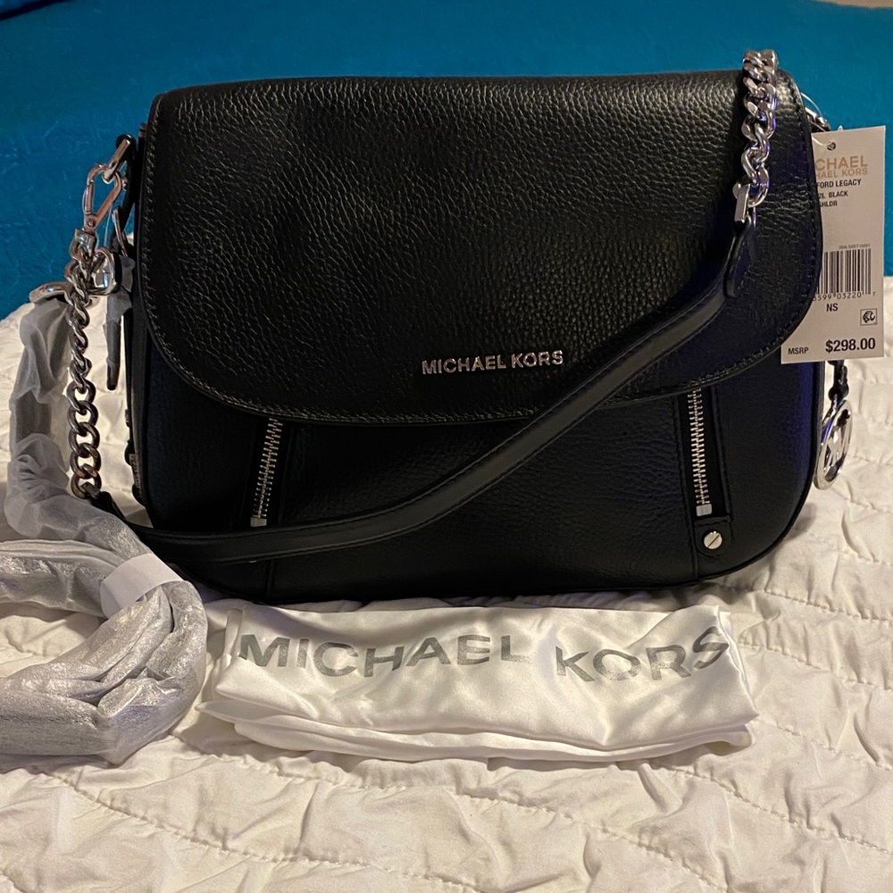 Michael Kors Black Leather Shoulder Bag with Silver Accents